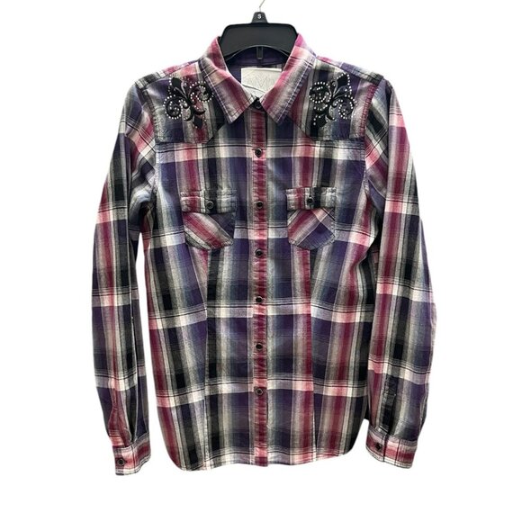 Maurices Premium Purple Plaid Shirt  with Fleur De Lis Embellishments - Picture 1 of 12